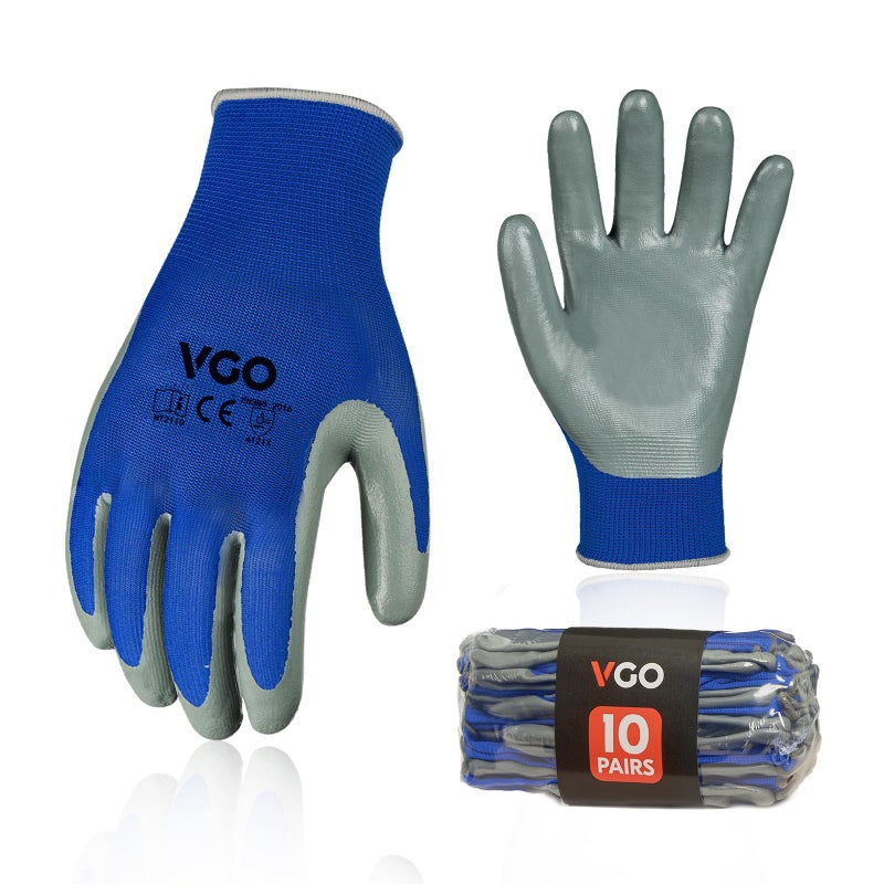 Vgo... 10-Pairs Safety Work Gloves, Gardening Gloves, Non-slip Nitrile coating, Dipping Gloves (Size L, Blue, NT2110) - Image 1